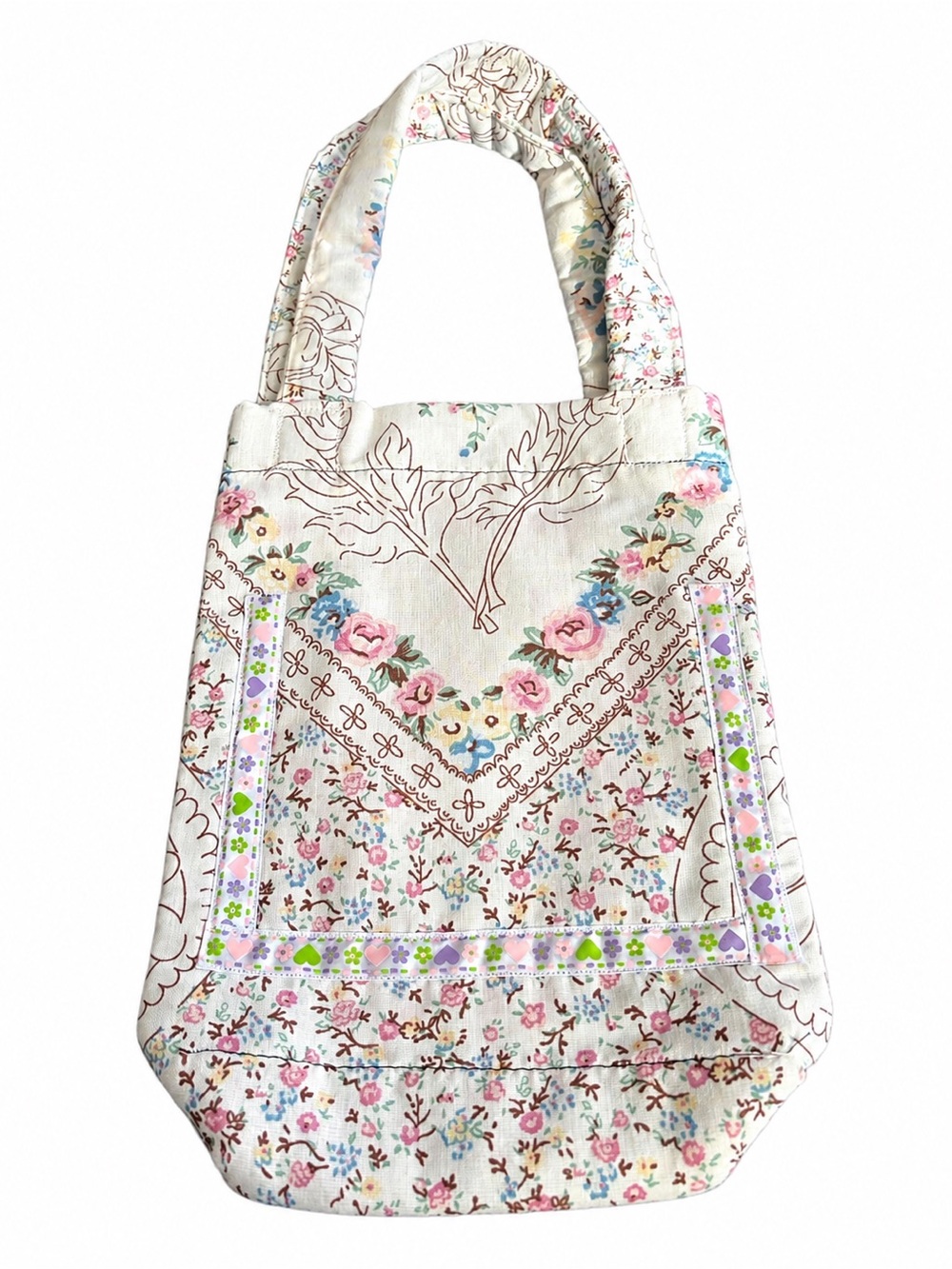 Floral Cottagecore Fabric Handbag Heart Trim